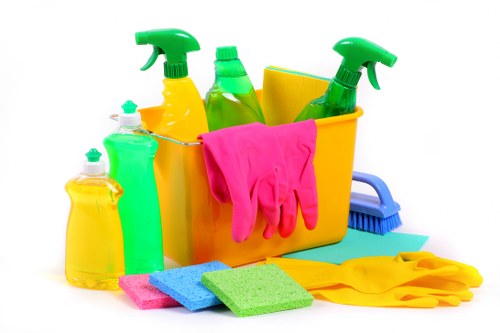 Local cleaner carrying out routine cleaning in a TW9 apartment building