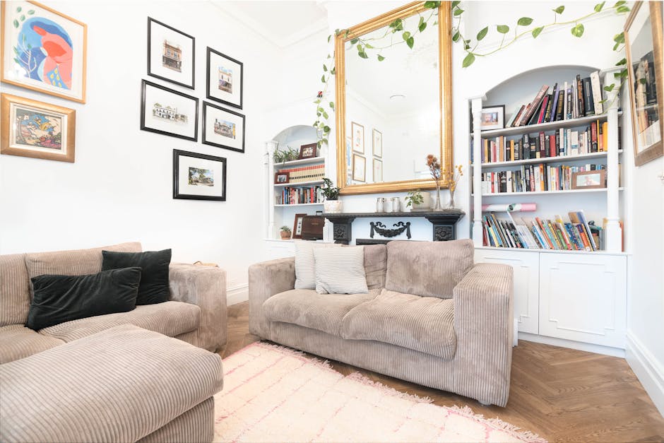 Interior view of a living room with beige fabric sofas, one with two black cushions and another with a white cushion, situated on a light pink rug. The room features white walls decorated with a collection of framed artwork, including colorful illustrations and black-and-white photographs. A large, ornate gold-framed mirror hangs above a dark fireplace mantel adorned with potted plants. To the right, a built-in white bookshelf contains a variety of books with some stacked horizontally. The room is well-lit with natural light, highlighting the clean and tidy appearance of the space, suitable for surface cleaning, deep cleaning, and maintenance by professional cleaning services like Cleaners TW9.