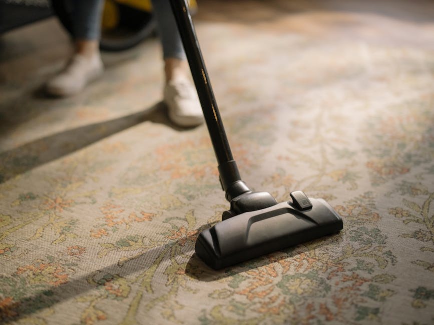 A person vacuuming a patterned, traditional-style carpet in a room illuminated by warm natural light. The vacuum cleaner has a black head and hose, with visible control buttons on the top, and the person is wearing casual clothing and sneakers. The room features a wooden floor border and a section of greenish floral carpet, demonstrating a thorough surface cleaning process. The scene highlights professional carpet cleaning services provided by Cleaners TW9, located near Richmond Station TW9, emphasizing deep cleaning and surface sanitisation in a domestic setting.